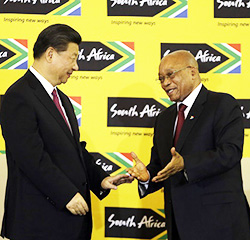 South African President Jacob Zuma, right, shakes hand with Chinese President Xi Jinping, left, after their joint media conference at Union Building Pretoria, South Africa, Wednesday, Dec. 2, 2015. (AP Photo/Themba Hadebe)
