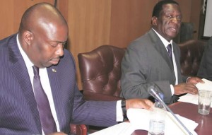 Vice President Emmerson Mnangagwa and Local Government, Public Works and National Housing Minister Saviour Kasukuwere address the media at a Press conference on the drought assistance appeal in Harare yesterday