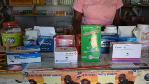 Malaria drugs are seen on display in a privately-owned pharmacy.
