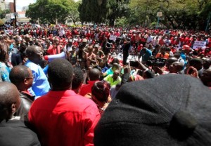 The speech ... Tsvangirai addressing marchers at Africa Unity Square