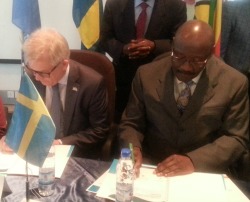 Pen to paper ... Ambassador Lars Ronnas and health minister, David Parirenyatwa